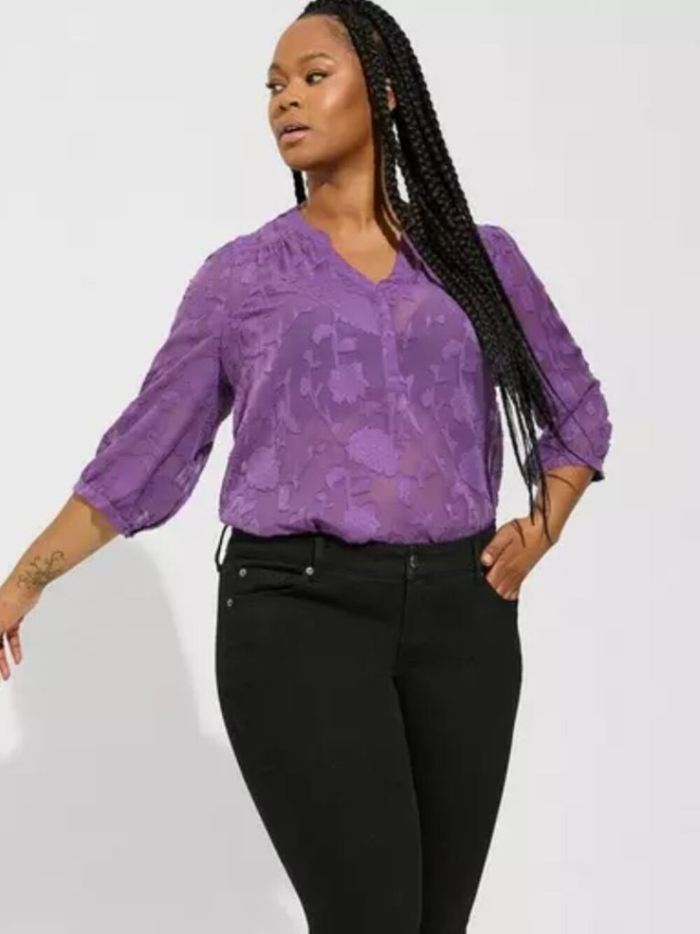 Torrid Women's 2X Purple Floral Harper Clip Chiffon Pullover 3/4 Sleeve Blouse